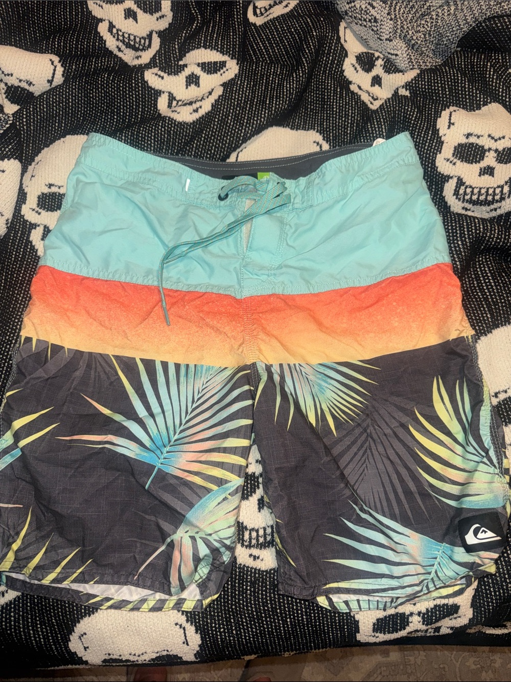 Quiksilver Men’s Teal, Coral & Black Palm-Print Board Shorts